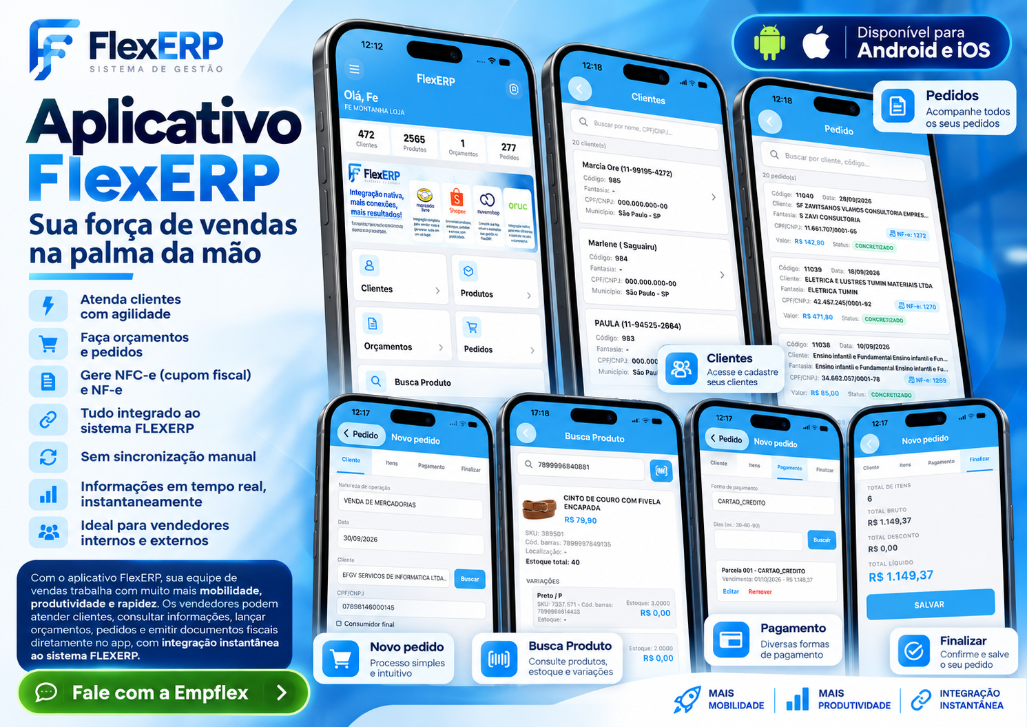 FlexERP + FlexERP App: gestão completa no escritório e uma verdadeira força de vendas na palma da mão. Disponível para Android e iOS